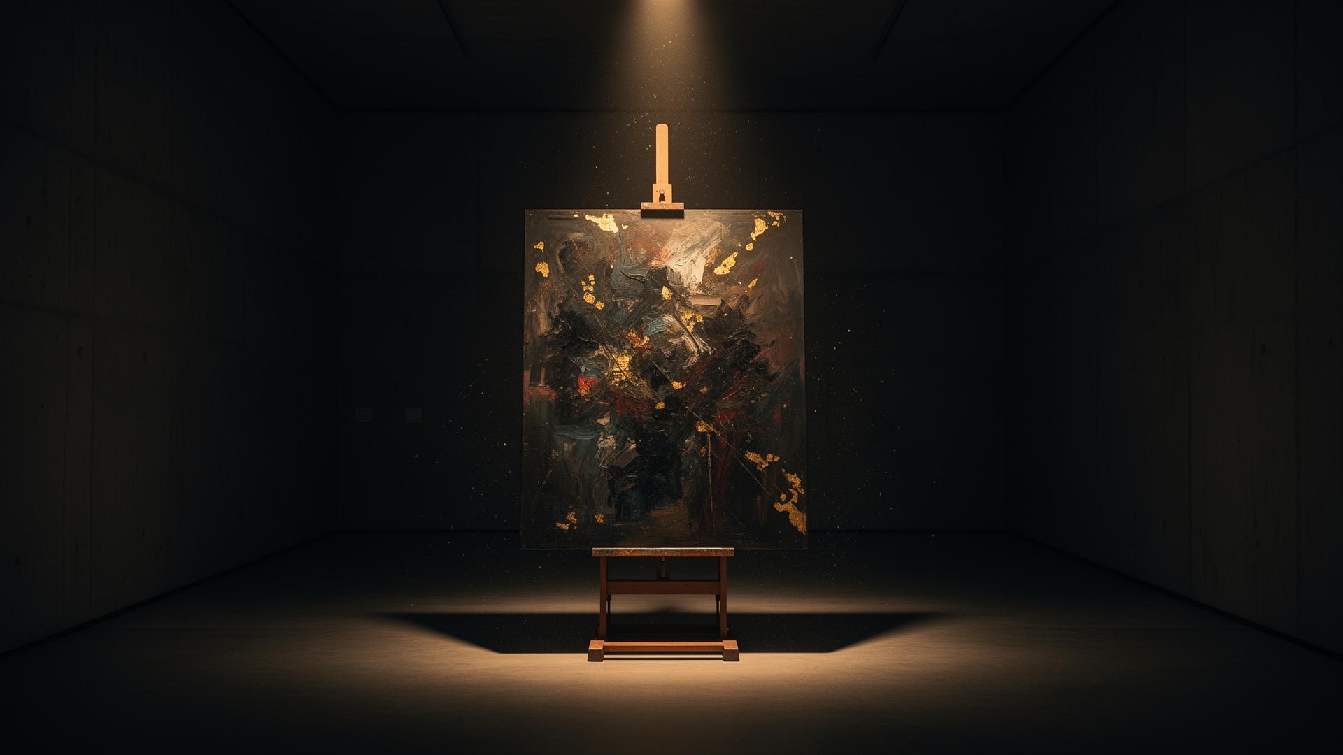 A single painting illuminated in a dark gallery